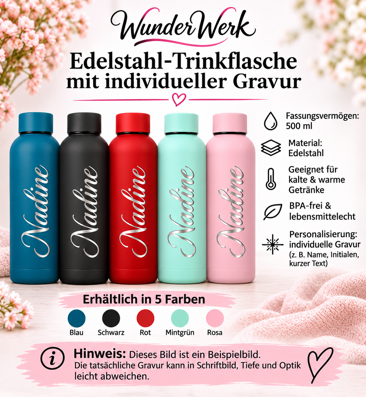 Edelstahl-Trinkflasche 500 ml mit individueller Namensgravur